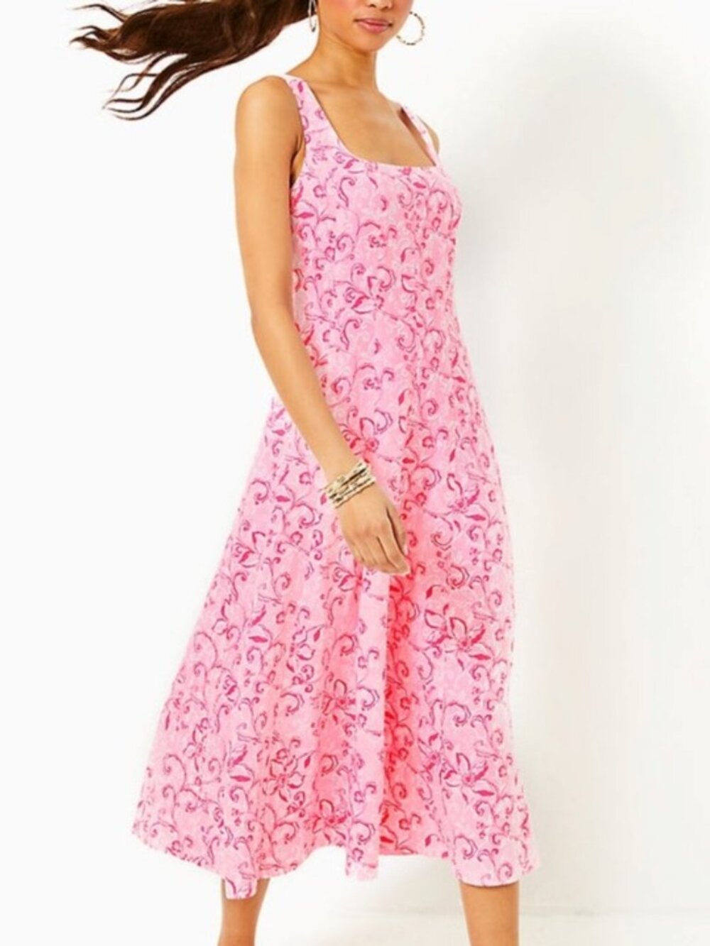 Lilly Pulitzer Calina linen midi Pink Floral Dress, 0, NWT